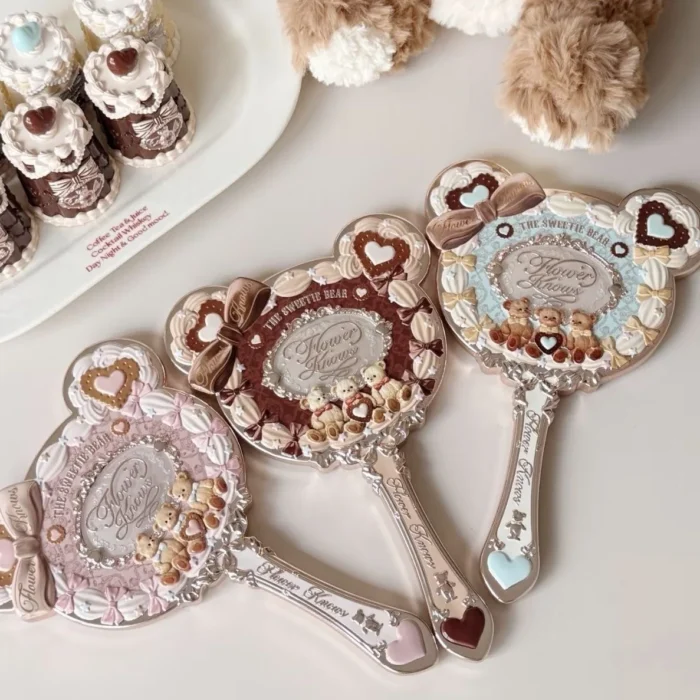 Flower Knows Sweetie Bear Collection Hand Holding Mirror 3 Types Exquisite Relief Makeup Tools Cute HD Makeup Mirror - Image 2