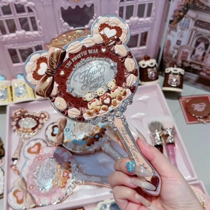 Flower Knows Sweetie Bear Collection Hand Holding Mirror 3 Types Exquisite Relief Makeup Tools Cute HD Makeup Mirror - Image 3