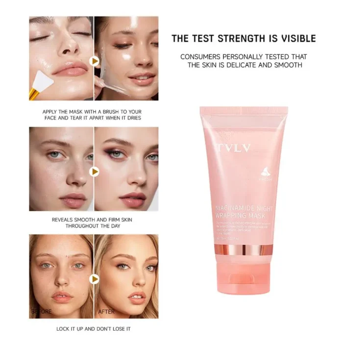 Niacinamide Overnight Wrapping Peel Off Facial Mask, Collagen Night Wrapping Mask for Elasticity, Hydrating & Glowing Skin 75ml - Image 5