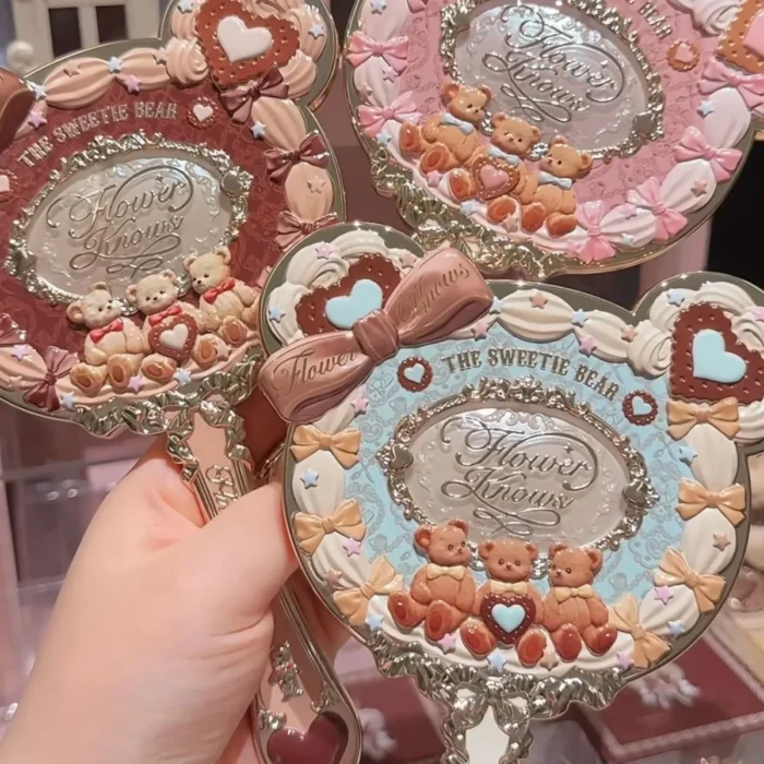 Flower Knows Sweetie Bear Collection Hand Holding Mirror 3 Types Exquisite Relief Makeup Tools Cute HD Makeup Mirror - Image 1